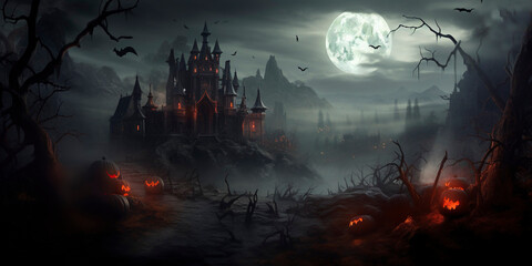 Fototapeta premium Old castle in the fog. Happy Halloween. Scary graveyard in creepy forest in october dark night autumn gloomy creepy graves with fog, castle and bats. Happy Halloween outdoor backdrop concept.