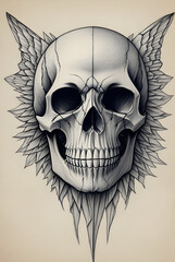 Fototapeta premium black and white skull tattoo illustration, skull pencil drawing