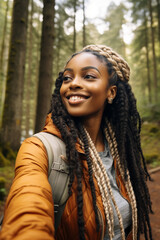 Happy young black woman captures vacation memories with a friendly smile, taking a mobile selfie amidst the picturesque forest landscape