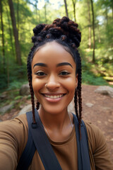 Fototapeta premium Happy young black woman captures vacation memories with a friendly smile, taking a mobile selfie amidst the picturesque forest landscape