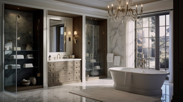Bathroom with a walk-in shower and a freestanding tub and a marble vanity