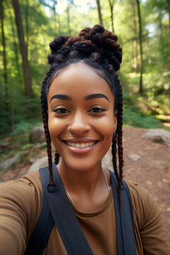 Happy young black woman captures vacation memories with a friendly smile, taking a mobile selfie amidst the picturesque forest landscape