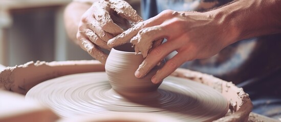 make ceramic pots from clay in pottery workshop. works of art art - obrazy, fototapety, plakaty