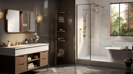Bathroom with a walk-in shower and a floating vanity and a gold-framed mirror