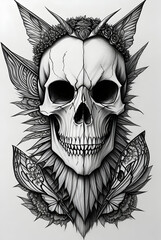 Obraz premium black and white skull tattoo illustration, skull pencil drawing
