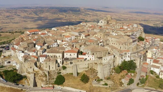 Aerial view of Acerenza. It's a comune in the province of Potenza, in the Southern Italian region of Basilicata. The cathedral of the town is one of the most notable Romanesque structures in Italy.