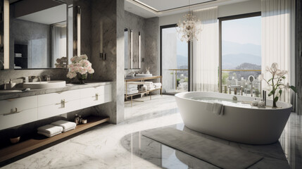 Bathroom with marble flooring and a double vanity and a tub