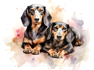 Abstract watercolor painting of a pair of dachshund. The Dachshund has a long body to make it
 convenient to dig into the rat hole. Generative AI. Illustration.