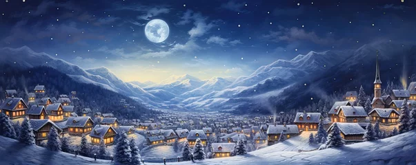 Foto op Plexiglas Winter village in the mountains at night with full moon and stars.Starry Night Over a Snowy Town.christmas wallpaper. © png-jpeg-vector