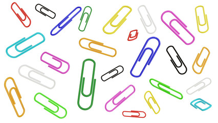 Falling colorful paper clips isolated on transparent and white background. Office concept. 3D render
