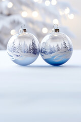 Two silver balls reflecting the snowy forest