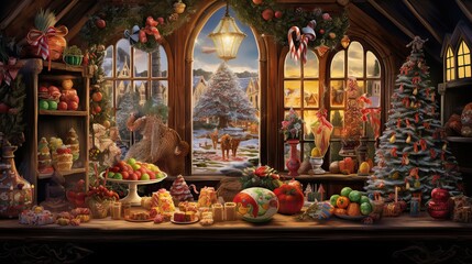 Christmas decoration in front of the window of a fairy tale house. - obrazy, fototapety, plakaty