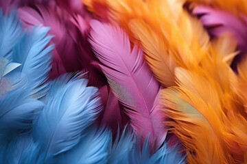 Obraz premium Beautiful multi-colored feathers of a fantastic bird, background of colorful feathers