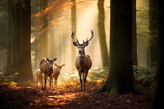 two deer is walking with another deer in forest Generative AI © sean