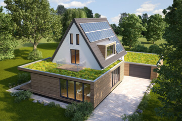 Ates Haus mit modernem Anbau mit Dachbegrünung 
und Solarpaneelen - obrazy, fototapety, plakaty