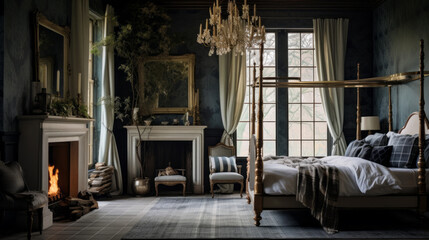 Bedroom with a four-poster bed and a velvet chaise lounge and a crystal chandelier 
