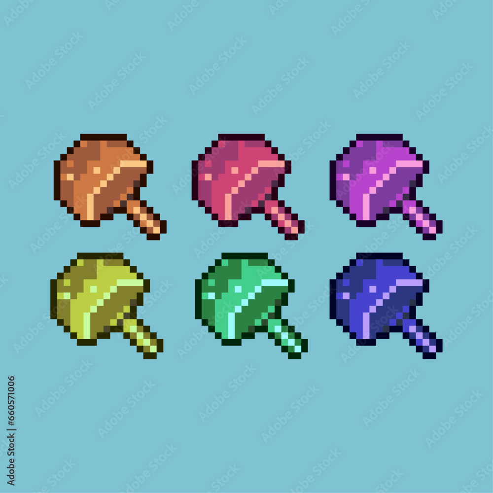 Poster Pixel art sets of mushroom with variation color item asset. Simple bits of mushroom on pixelated style. 8bits perfect for game asset or design asset element for your game design asset.