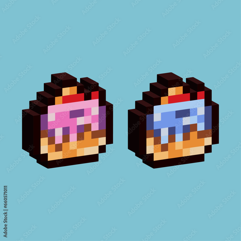 Poster isometric pixel art 3d of cake for items asset. sweet cake on pixelated style.8bits perfect for game