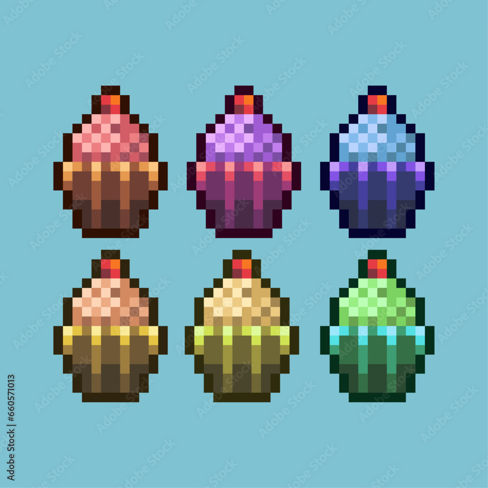 Poster pixel art sets of cake birthday with variation color item asset. simple bits of birthday cake food o