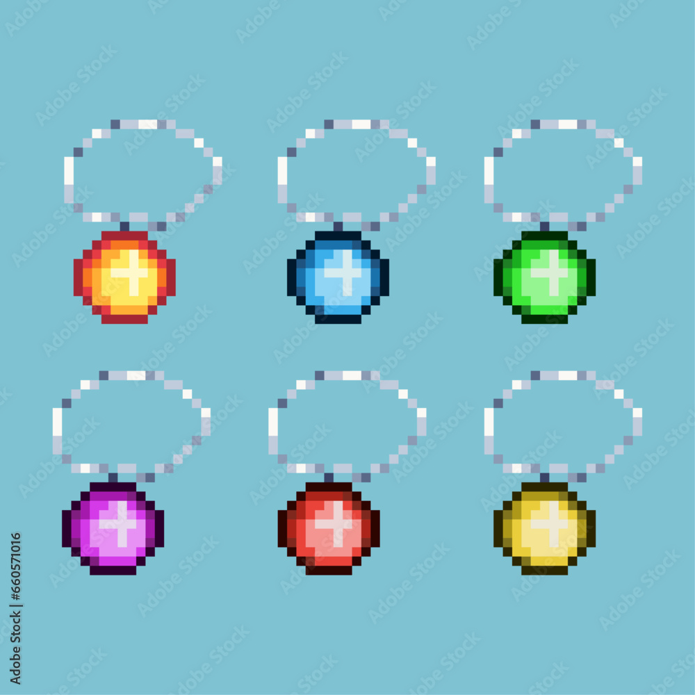 Poster pixel art sets of gems necklace with variation color item asset. simple bits of necklace on pixelate