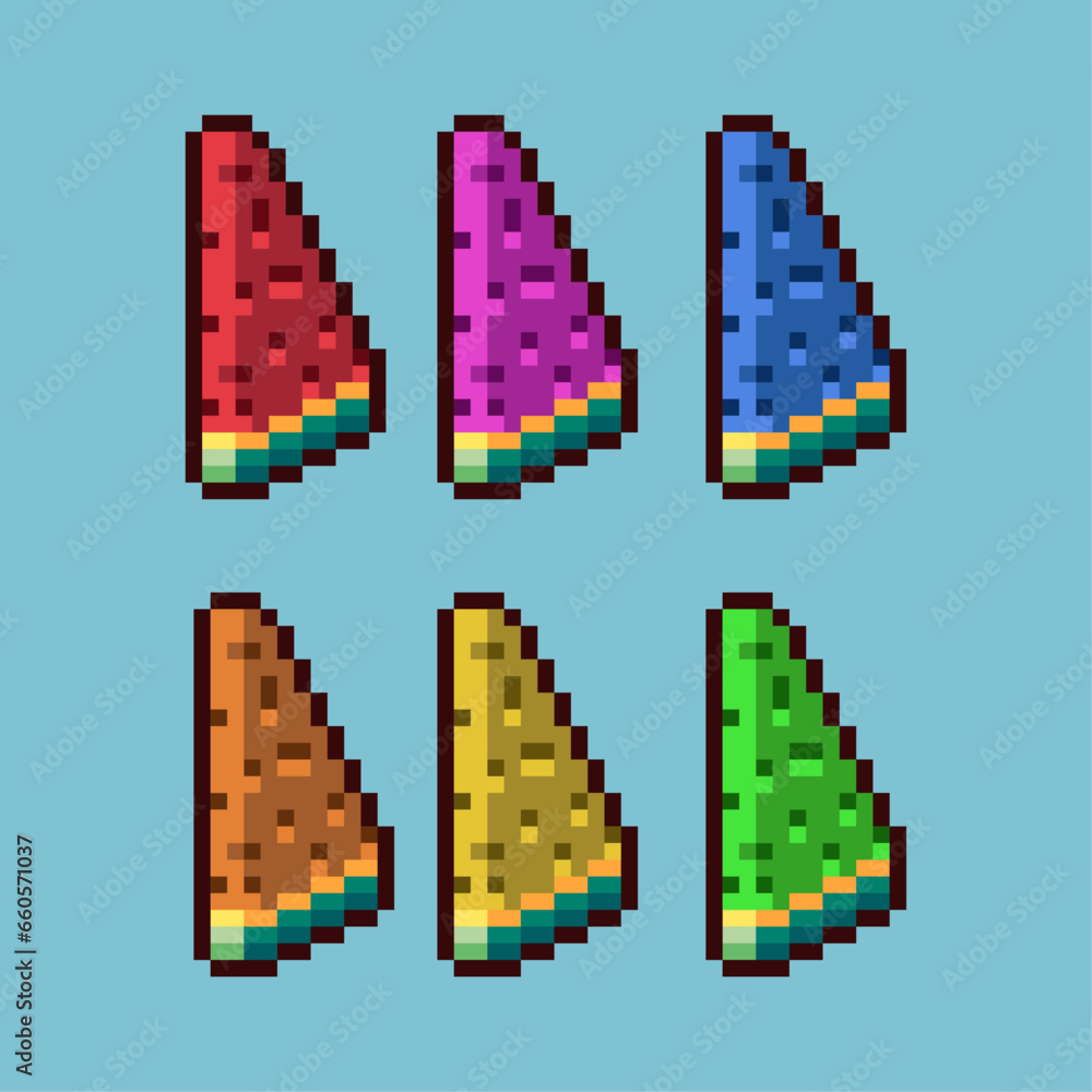 Poster pixel art sets of watermelon with variation color item asset. simple bits of watermelon food on pixe