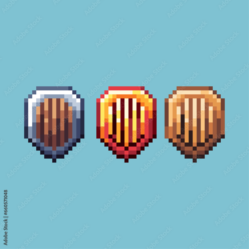 Poster pixel art sets of gold silver shield with variation color item asset. simple bits of shield on pixel