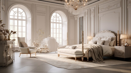 Bedroom with a four-poster bed and a chaise lounge and a white tufted headboard