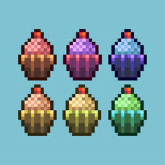 Obraz premium Pixel art sets of cake birthday with variation color item asset. Simple bits of birthday cake food on pixelated style. 8bits perfect for game asset or design asset element for your game design asset.
