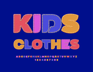 Vector colorful emblem Kids Clothes. Jeans textured Font. Bright Denim Alphabet Letters, Numbers and Symbols