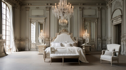 Bedroom with a four-poster bed and a velvet chaise lounge and a crystal chandelier 