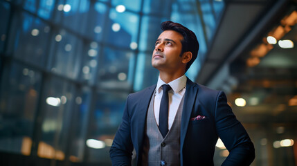 INDIAN BUSINESSMAN LOOKING AT SKYSCRAPERS, HORIZONTAL IMAGE
. image created by legal AI