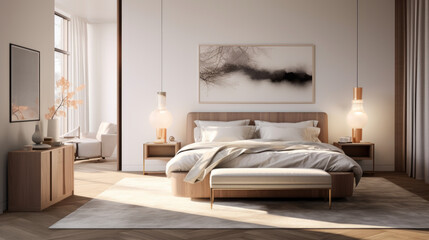 Bedroom with a king size bed and bedside tables with reading lamps