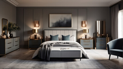 Bedroom with a king size bed and bedside tables with reading lamps and a plush velvet armchair and a large chest of drawers