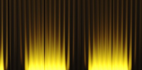 Indoor silky luxury yellow curtain stage background with spotlight beam illumination. Theater curtains. Concert stage with drapery and vivid neon light.