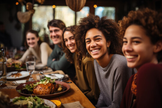 Meeting of a multiracial group of friends eating in a restaurant
