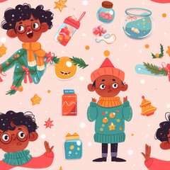 Winter time seamless pattern illustration with kids Christmas, snow, presents