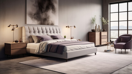 Bedroom with a king size bed and bedside tables with reading lamps and a plush velvet armchair