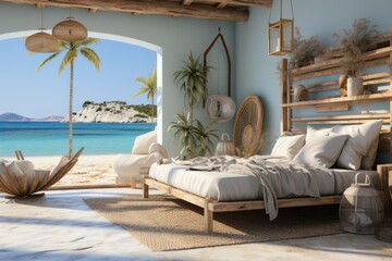 Fototapeta na wymiar A beach - themed bedroom with nautical decor, light blue walls, and a driftwood bed frame