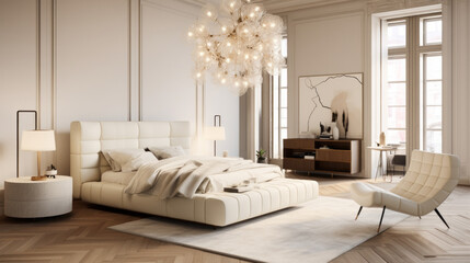 Bedroom with a plush white bed and a leather accent chair and a crystal chandelier