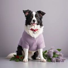 A cute Border Collie dog dressed in a Christmas lilac white outfit isolated flat background