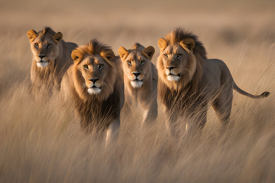 A pride of lions hunts their prey through the golden savannah grass at the verge of dusk in the middle of the African wilderness, capturing the wild beauty of nature's beautiful and ferocious hunters.