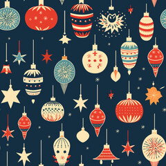 Vintage Christmas decor with balls, seamless pattern illustration