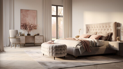 Bedroom with a tufted headboard and a shag rug and a velvet armchair