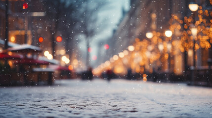 Background blur city evening snow, Christmas winter, generative ai