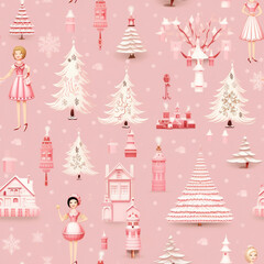 Fototapeta na wymiar Retro Christmas seamless pattern, in pink tones with dolls, snowflakes, Christmas trees, doll house