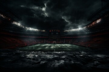 Dark stadium at night with no one around. Generative AI - obrazy, fototapety, plakaty