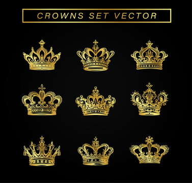 Gold Krone Set Vektor König Königin Symbol Icon