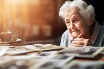 Elderly woman reminiscing while looking at old photographs - Deep-seated Human Emotion - AI Generated - obrazy, fototapety, plakaty