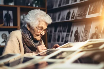 Foto op Plexiglas Elderly woman reminiscing while looking at old photographs - Deep-seated Human Emotion - AI Generated © Arthur