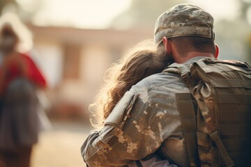 Fototapeta premium Soldier reuniting to his Family, hugging his daughter - Human Emotion - AI Generated